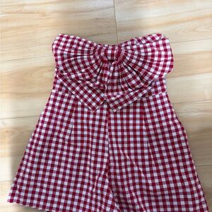Altar'd State Red and White Gingham Strapless Romper with Front Bow